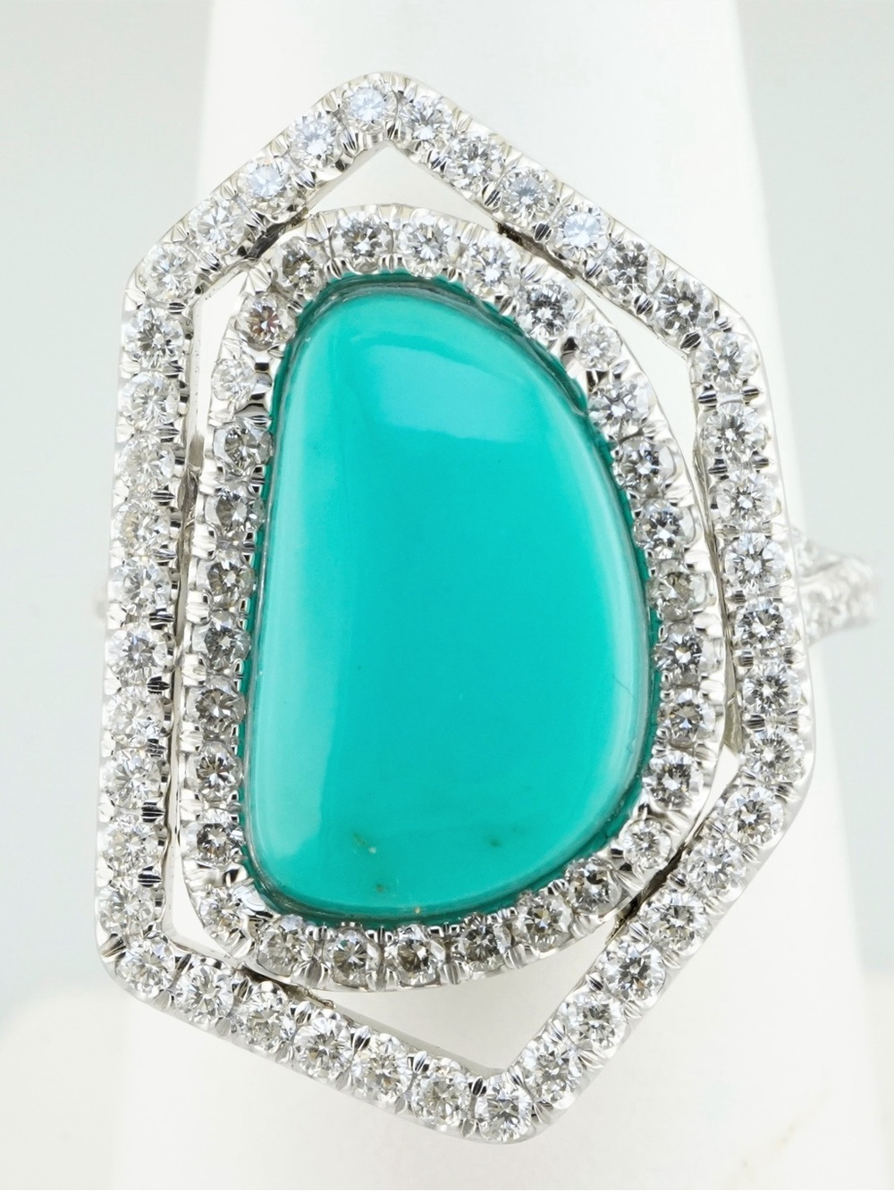Solid 18k white gold custom cut sleeping beauty turquoise natural diamond ring